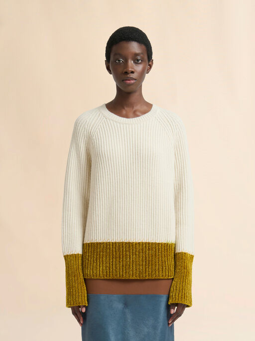 Cremefarbener Wollpullover mit Farbblockmuster - Pullover