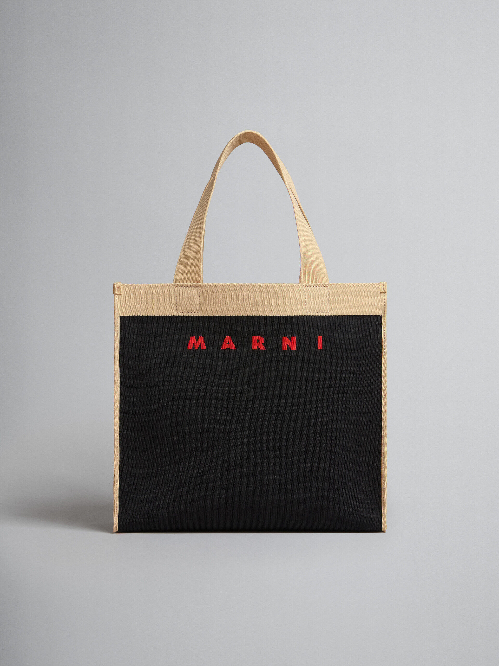 ブラックとベージュ ジャカード製ショッピングバッグ | Marni