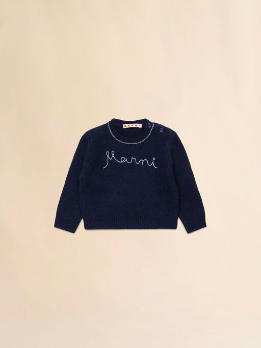 Deep blue wool-cashmere sweater with cursive logo - Knitwear