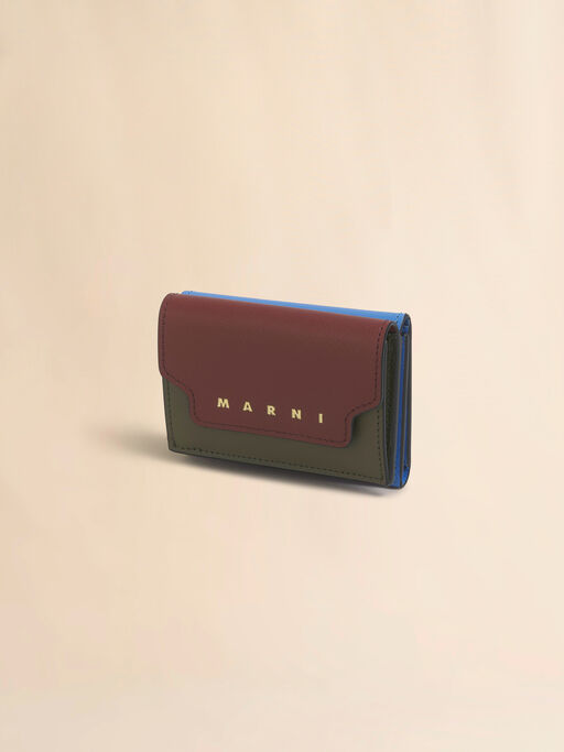 ブラウン ディープグリーン ブルー サフィアーノレザー製三つ折りウォレット - 財布