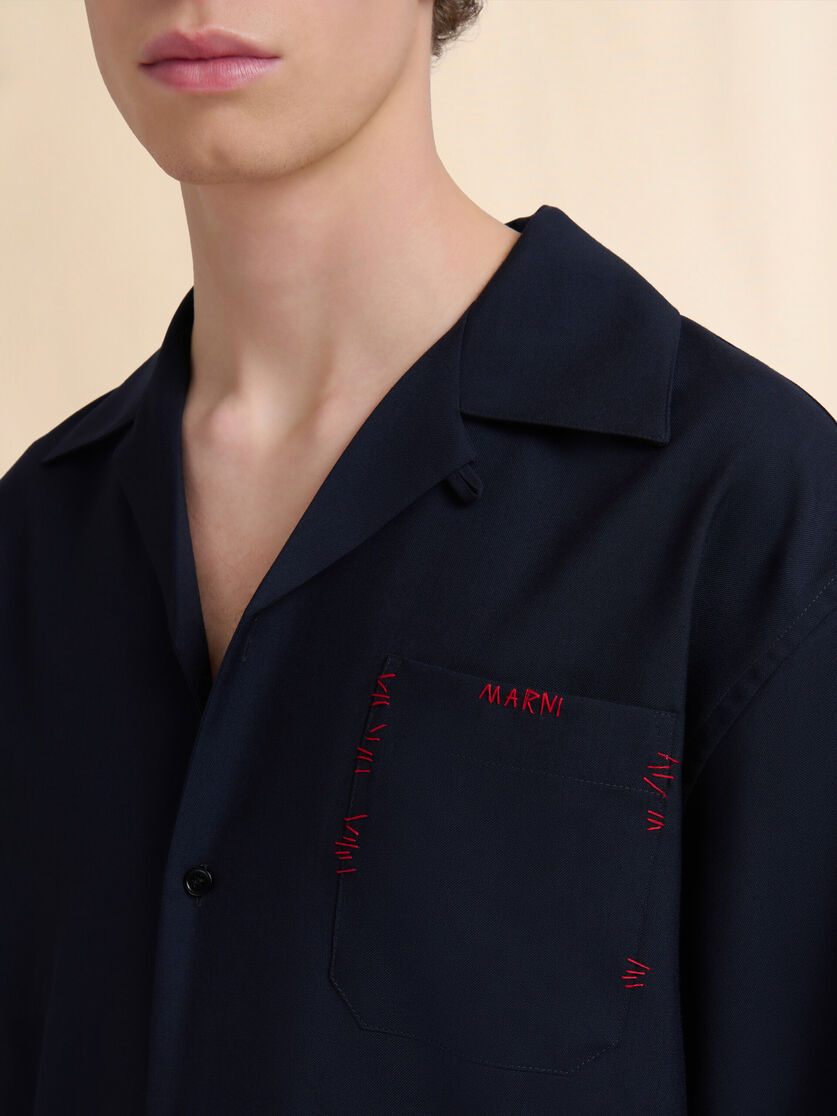 Deep blue tropical wool bowling shirt with Marni Mending - Shirts - Image 4