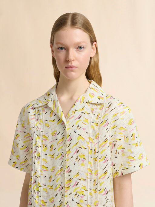Yellow linen shirt with Brushstroke Wave print - Shirts