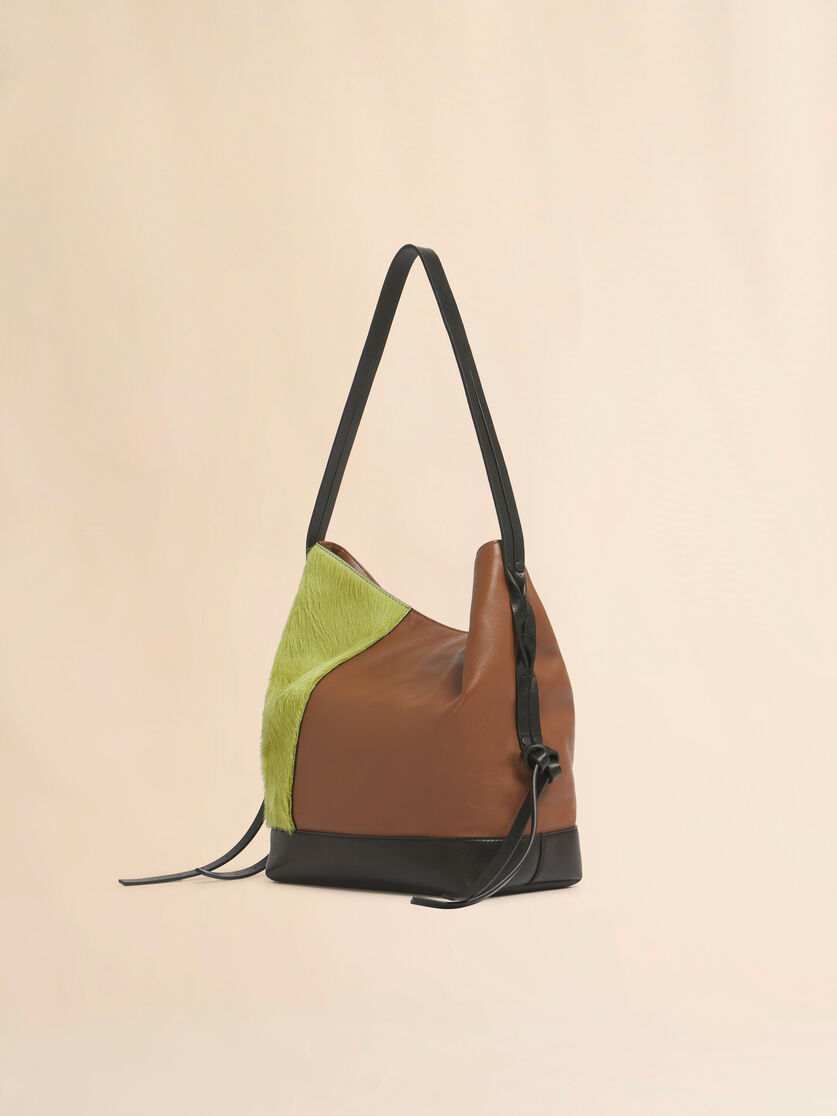 Green brown and black lambskin and long-hair Pod 2.0 small hobo bag, Image 3