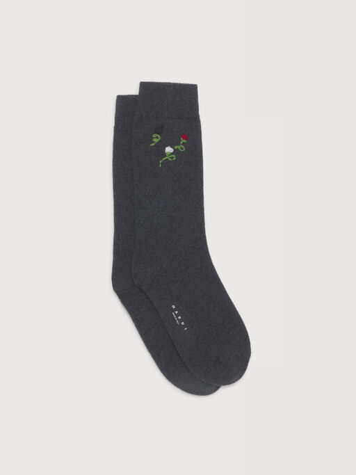 Grey wool-cashmere socks with flower embroidery - Socks