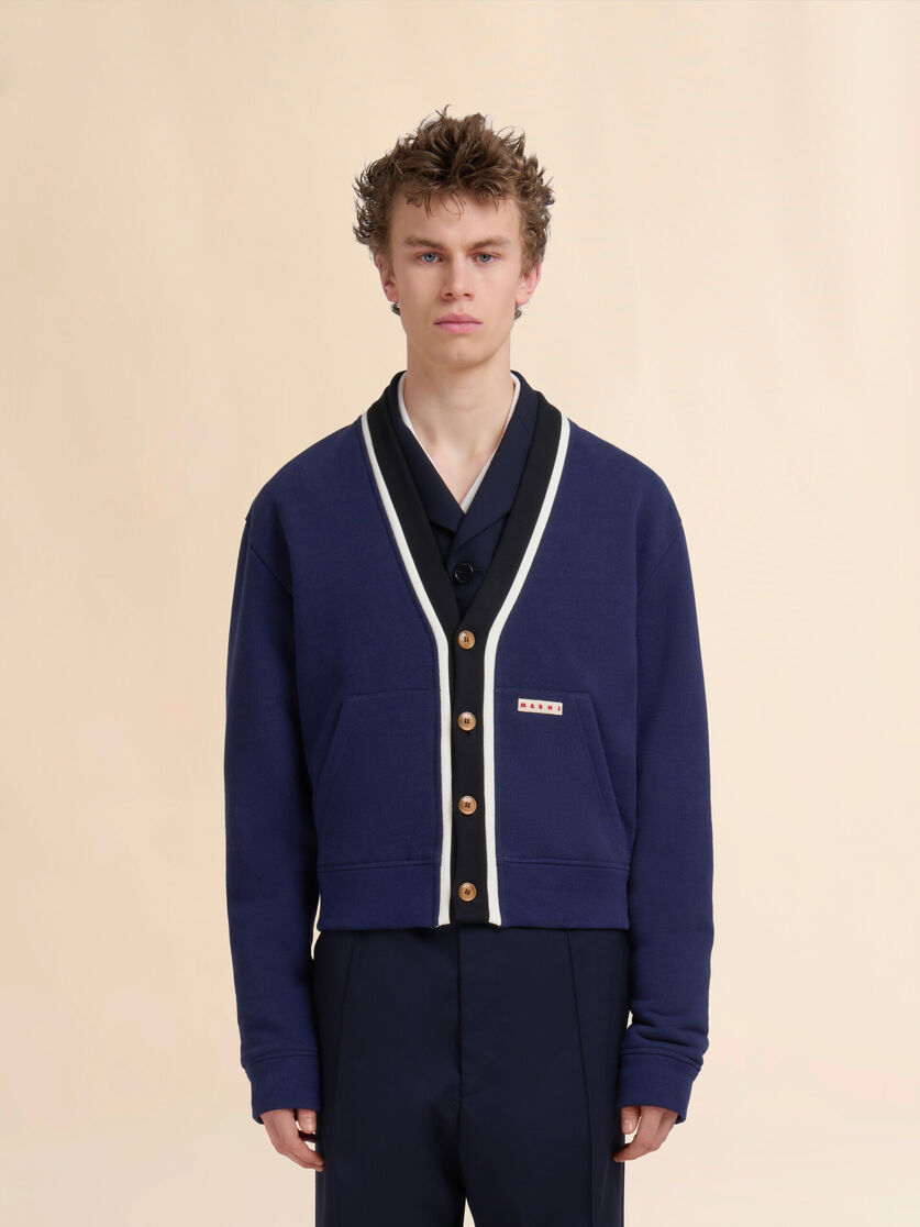 Blue organic cotton cardigan sweatshirt with bicolour placket - Sweaters - Image 2