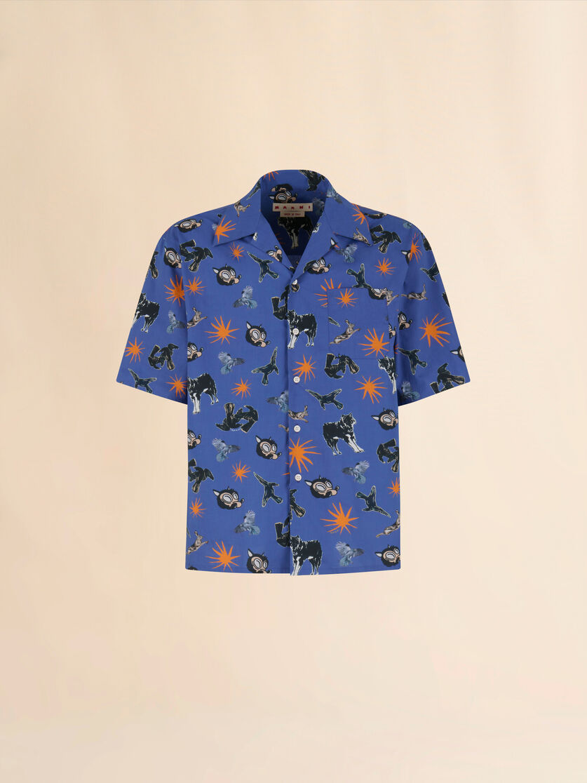 Blue poplin bowling shirt with Wolves, Ravens and Doves print - Shirts - Image 1