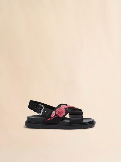 Black satin Fussbett with flower appliqués - Sandals