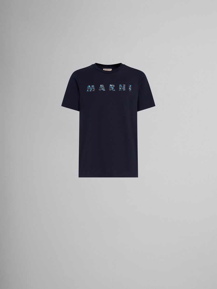 Dunkelblaues T-Shirt aus Bio-Baumwolle mit gemustertem Marni-Print - T-shirts - Image 1