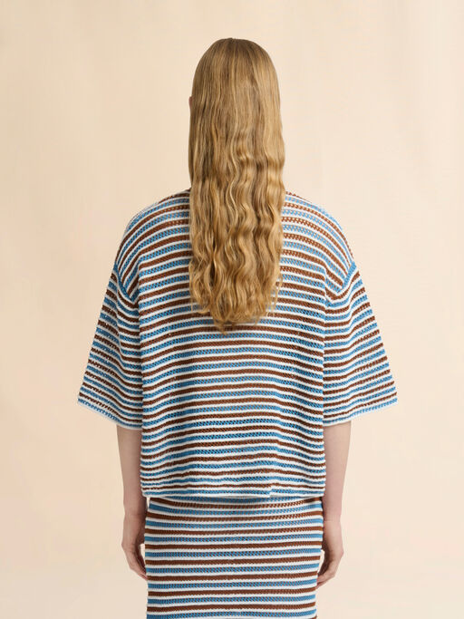 Brown and blue striped cotton crochet cardigan - Pullovers