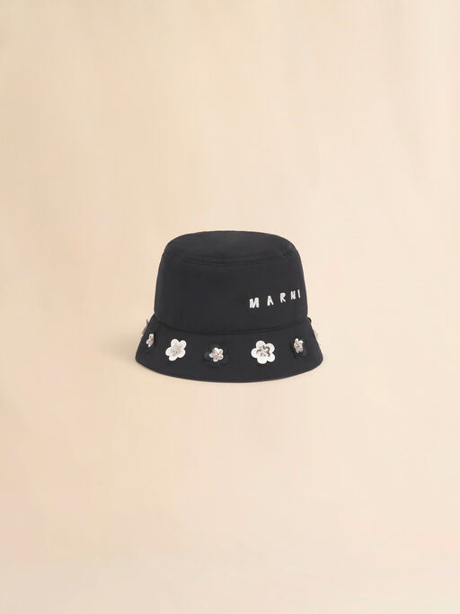 Black taffeta bucket hat with daisy appliqués - Hats
