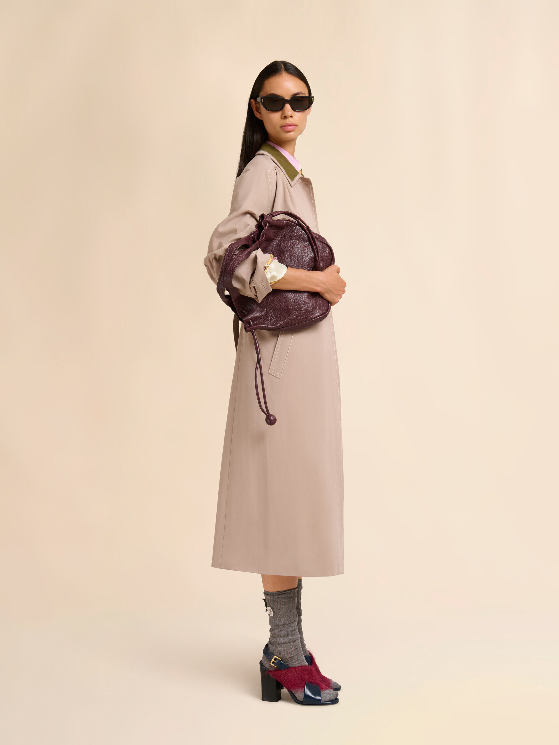 Beige gabardine trench coat with contrast collar | Marni