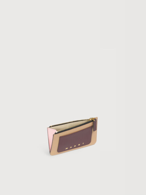 Pink light brown and dark brown leather zip cardholder - Wallets