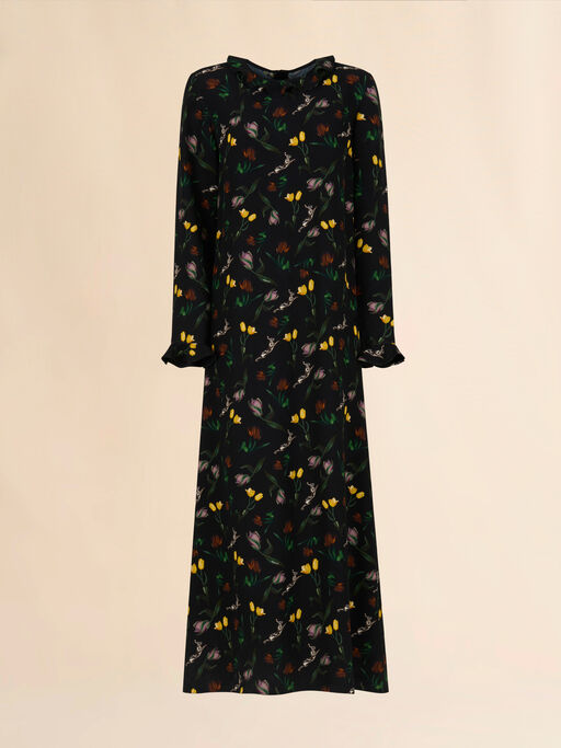 Black envers satin maxi dress with Tulips and Hares print - Dresses