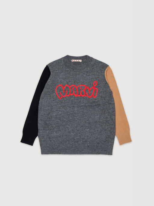 Pull color-block en laine m&eacute;lang&eacute;e grise, noire et marron clair - Tricot