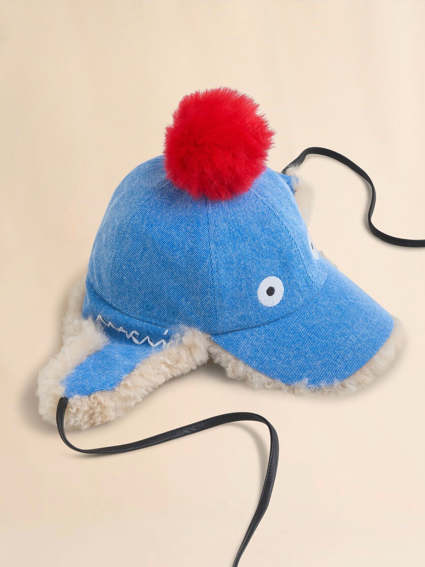 Blue denim baseball cap with pompon detail - Hats - Image 3