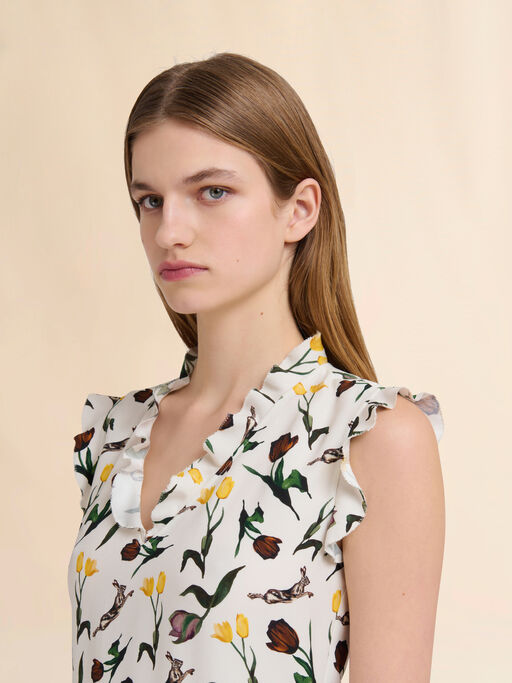 Cream envers satin dress with Tulips and Hares print - Dresses