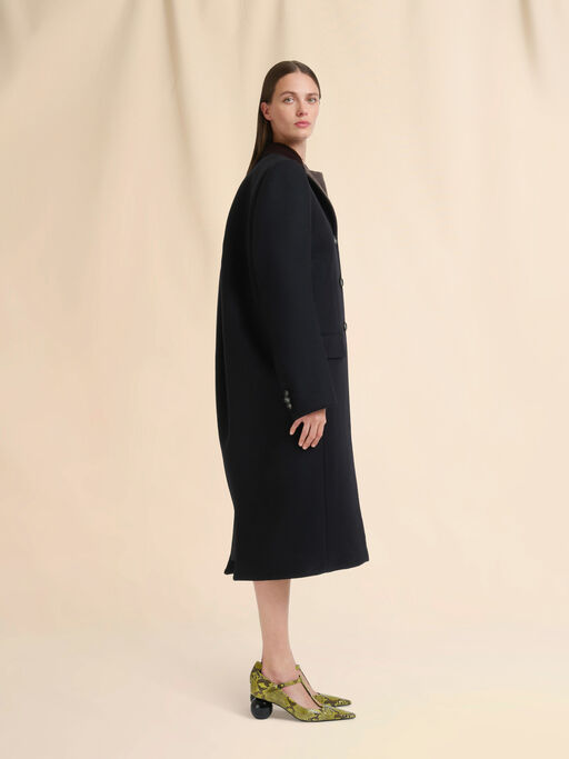 Black wool felt coat with leather details - Coats