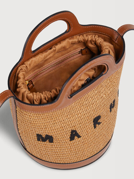 Tropicalia Small Bucket Bag in brown leather and raffia-effect fabric - Shoulder Bag