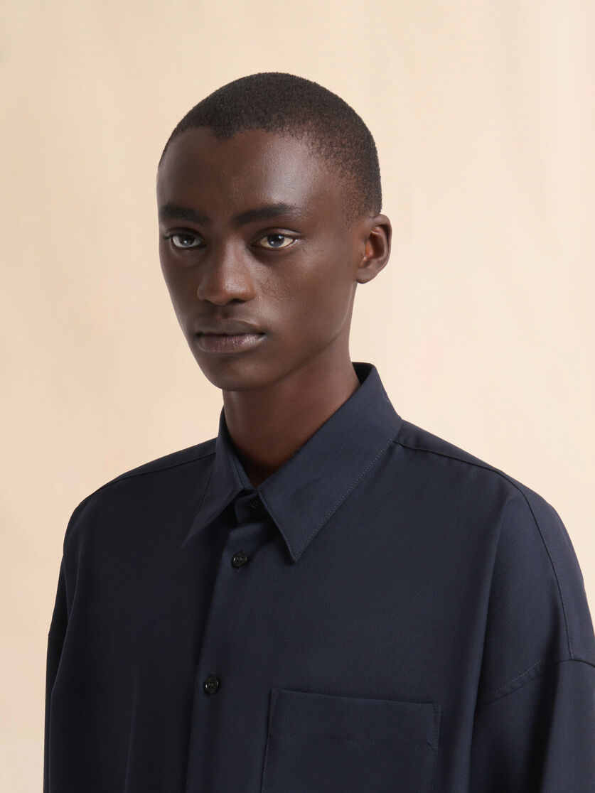 Deep blue tropical wool long-sleeved shirt - Shirts - Image 4