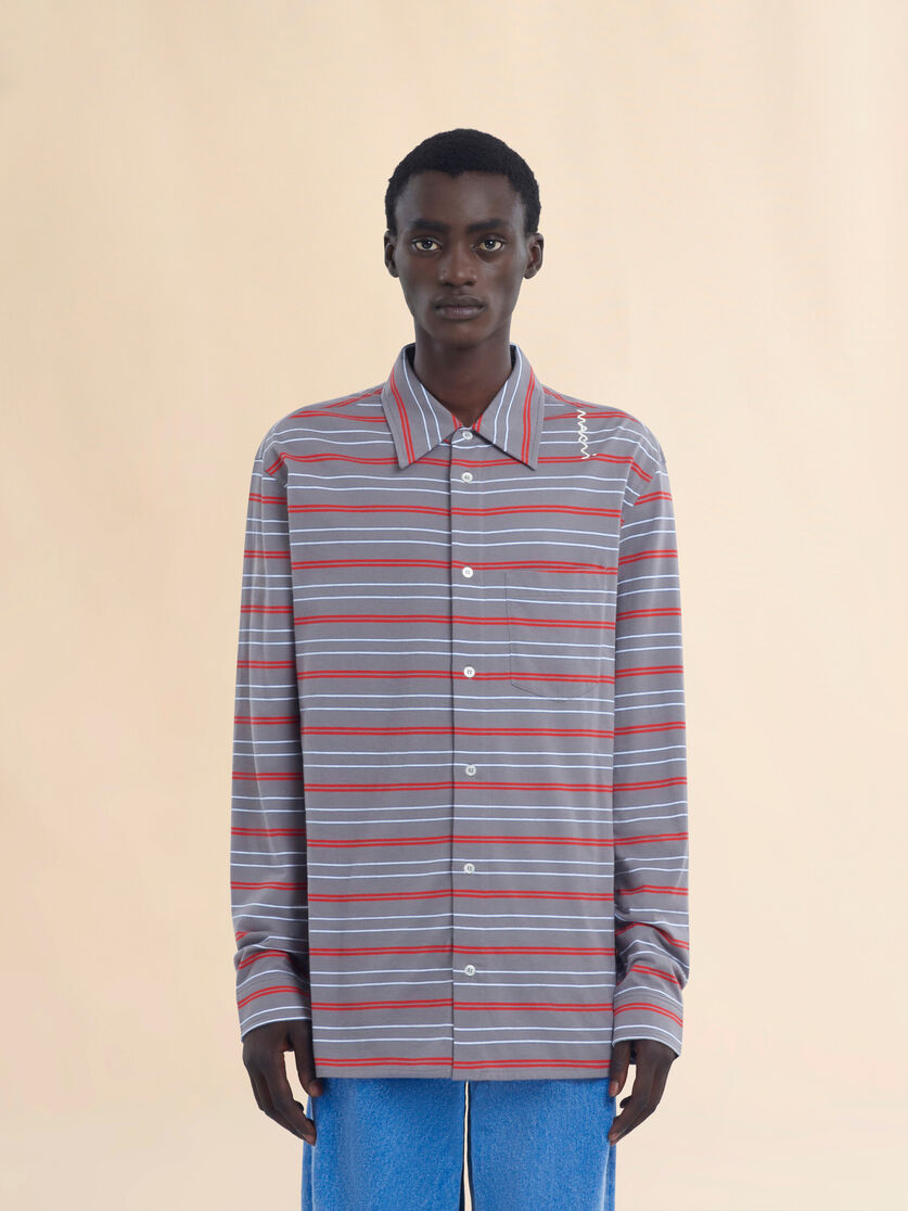 Long sleeved blue and white striped organic cotton polo shirt - Shirts - Image 2