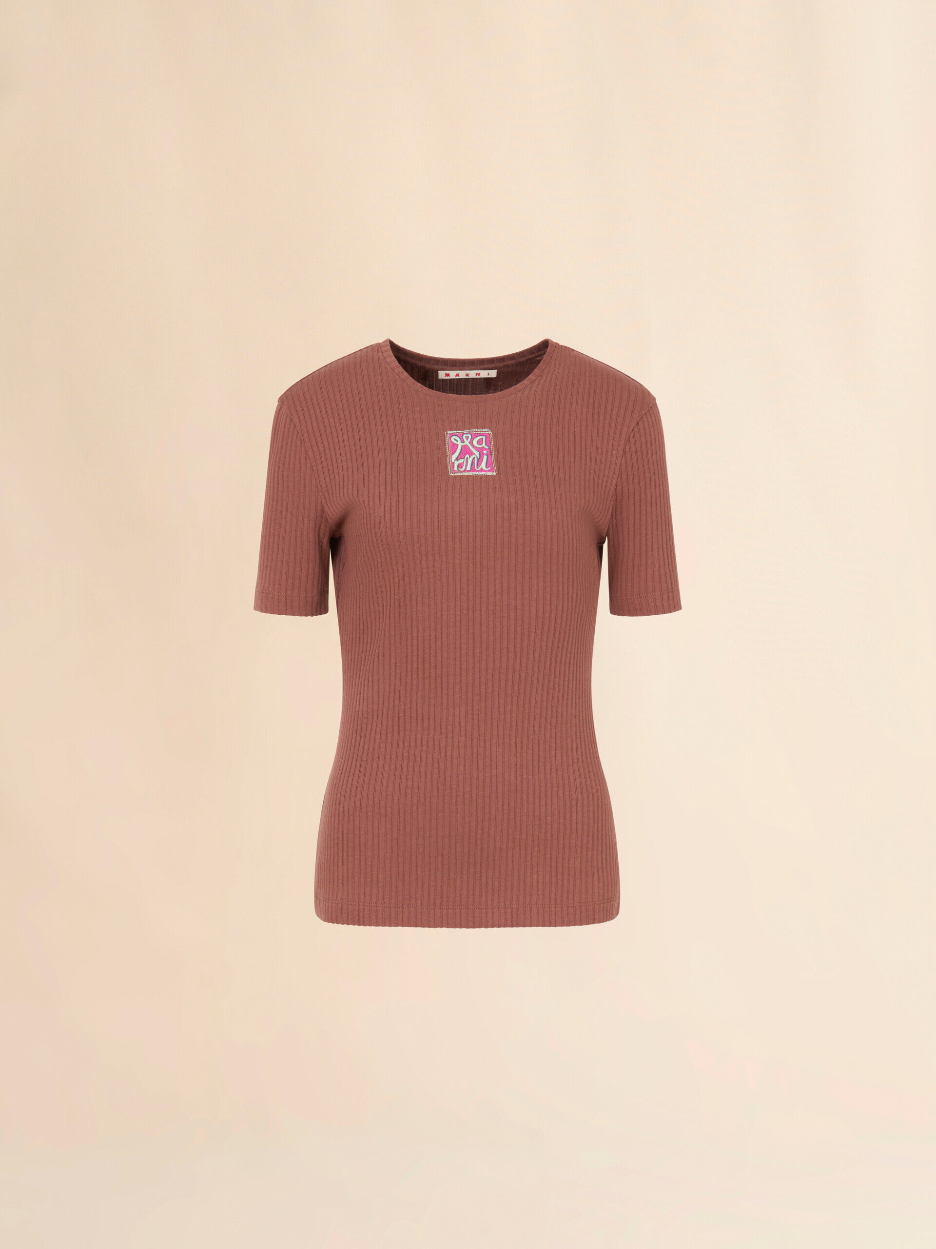 Brown ribbed cotton T-shirt with Marni Frame logo | Marni