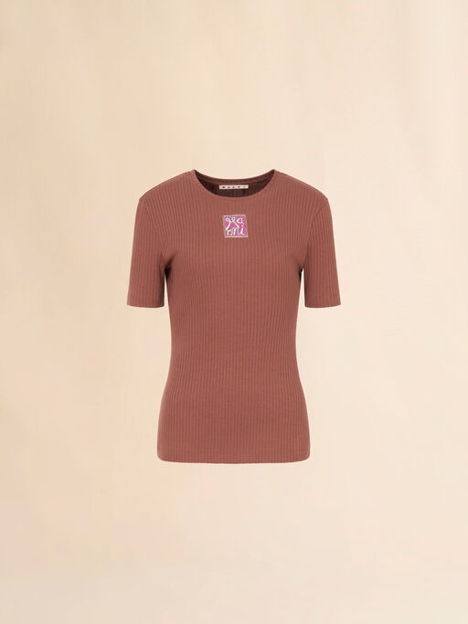 Brown ribbed cotton T-shirt with Marni Frame logo - T-shirts