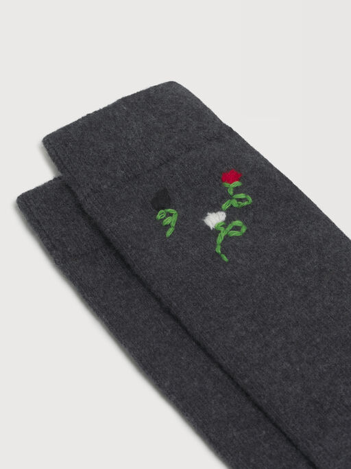 Grey wool-cashmere socks with flower embroidery - Socks