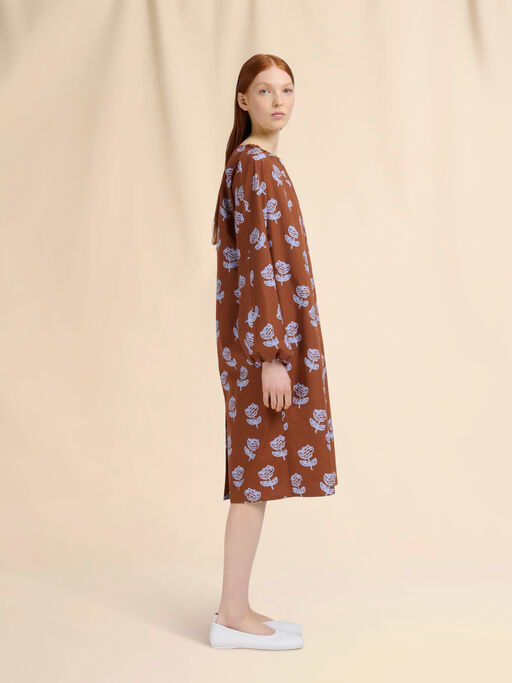 Brown poplin midi dress with Sprayed Roses print - Dresses