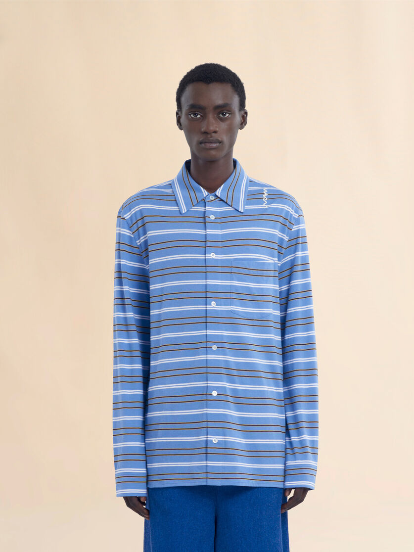 Long sleeved blue and white striped organic cotton polo shirt - Shirts - Image 2