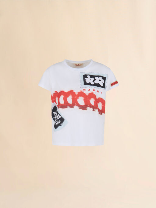 ホワイト コットン製Tシャツ プリントとパッチ入り - Tシャツ