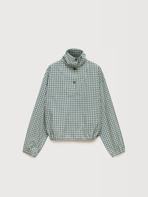Green checked poplin blouse with high neck - Shirts