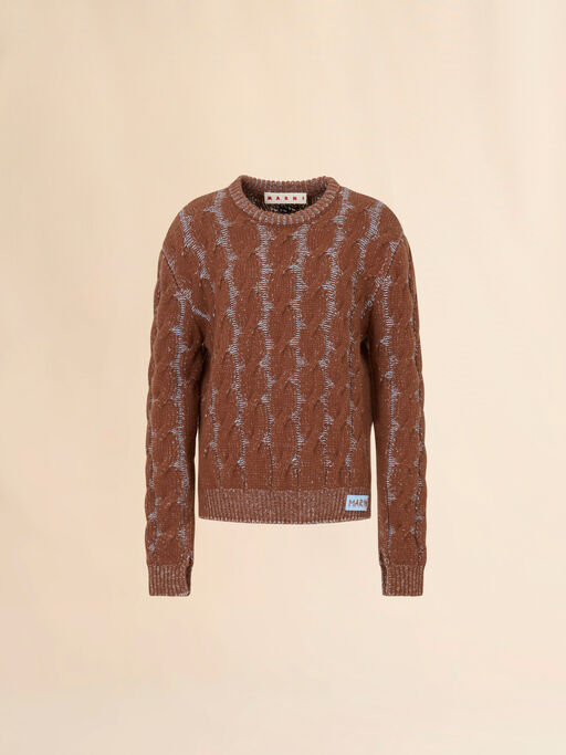 Brown mouliné wool-viscose sweater with cable pattern - Pullovers