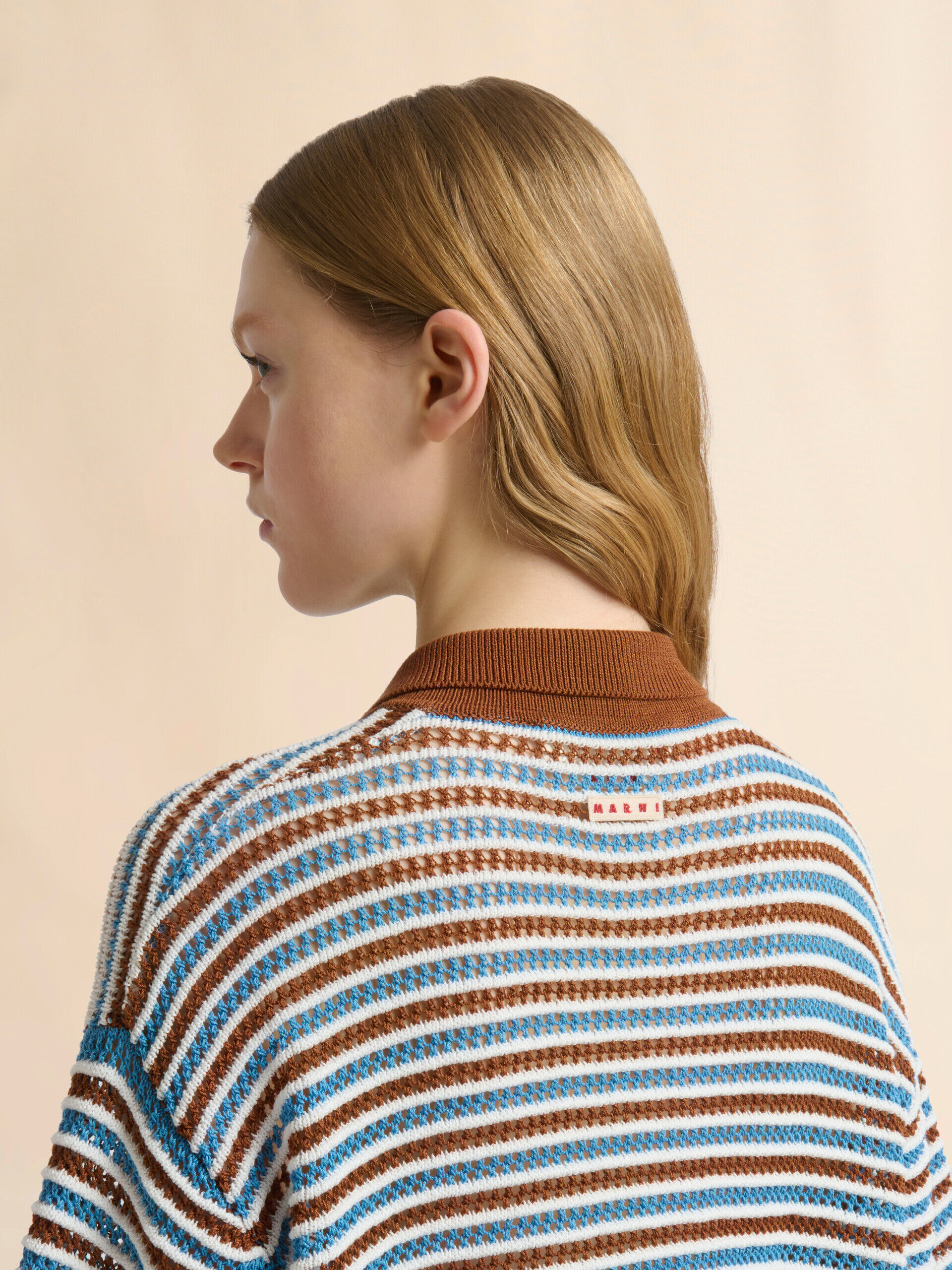 Brown and blue striped cotton crochet cardigan | Marni