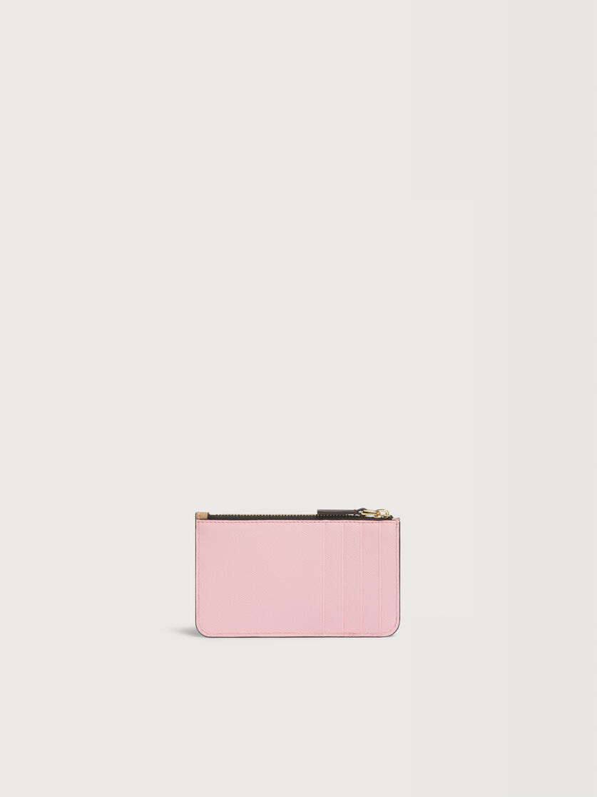 Pink light brown and dark brown leather zip cardholder, Image 3