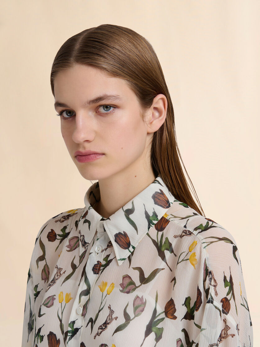 Cream chiffon shirt with Tulips and Hares print - Shirts - Image 4