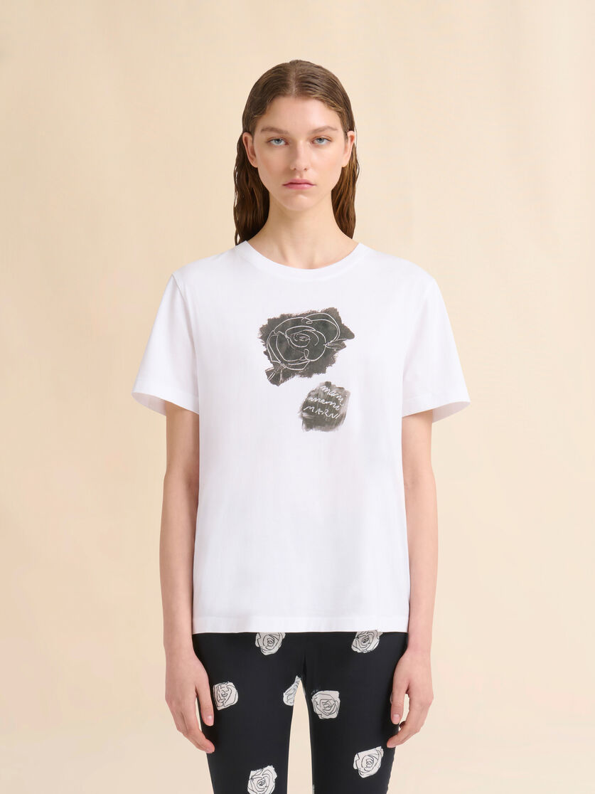 White cotton T-shirt with scraped rose print - T-shirts - Image 2