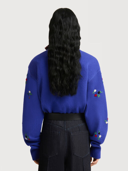 Blue wool-cashmere cardigan with flower embroidery - Pullovers