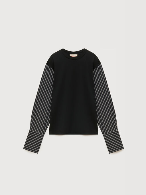 ブラック コットン ストライプシャツスリーブ Tシャツ - Tシャツ