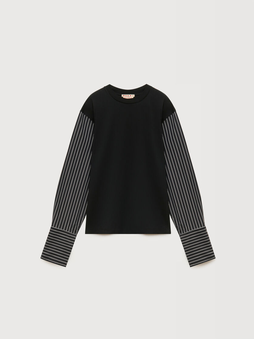 ブラック コットン ストライプシャツスリーブ Tシャツ, Image 1