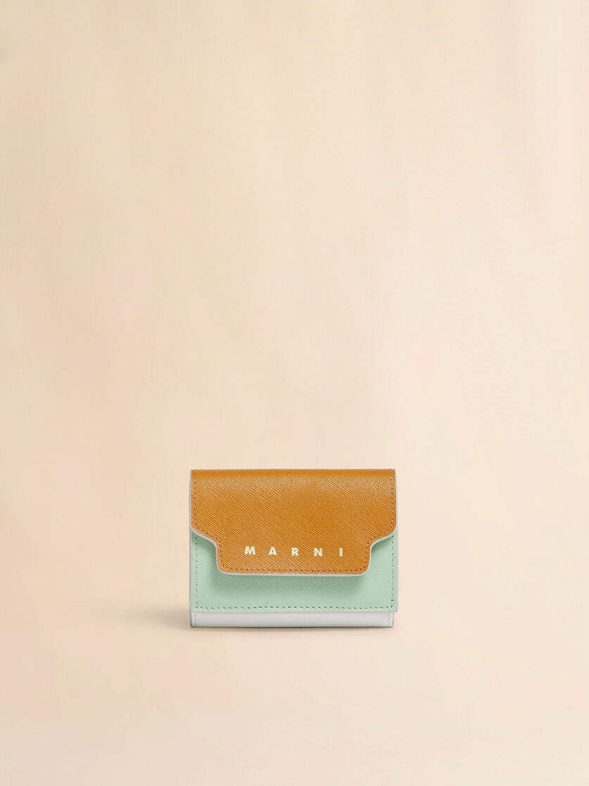 マスタードホワイト グリーン サフィアーノレザー製三つ折りウォレット, Image 1