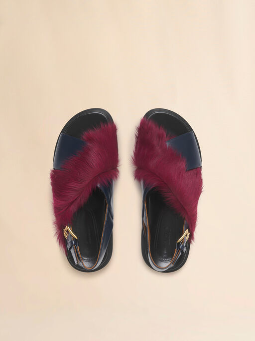 Blue and burgundy leather and long-hair Fussbett - Sandals