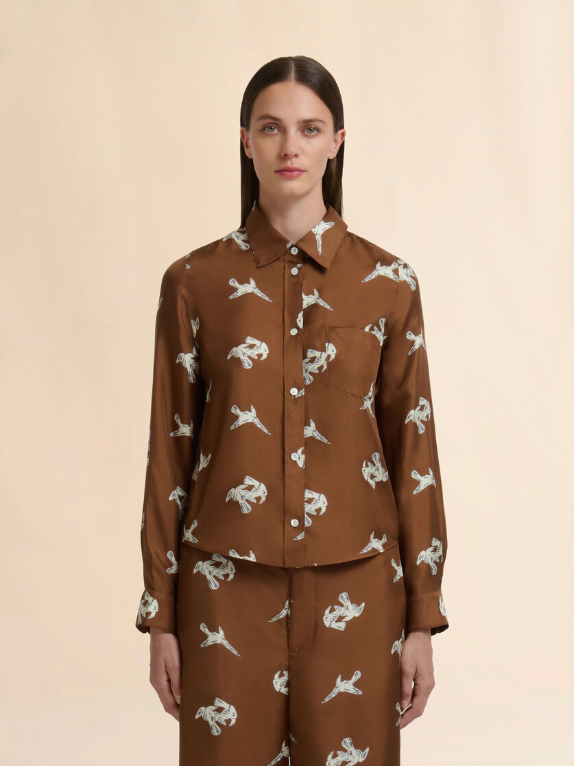Brown silk twill shirt with raven print - Shirts - Image 2