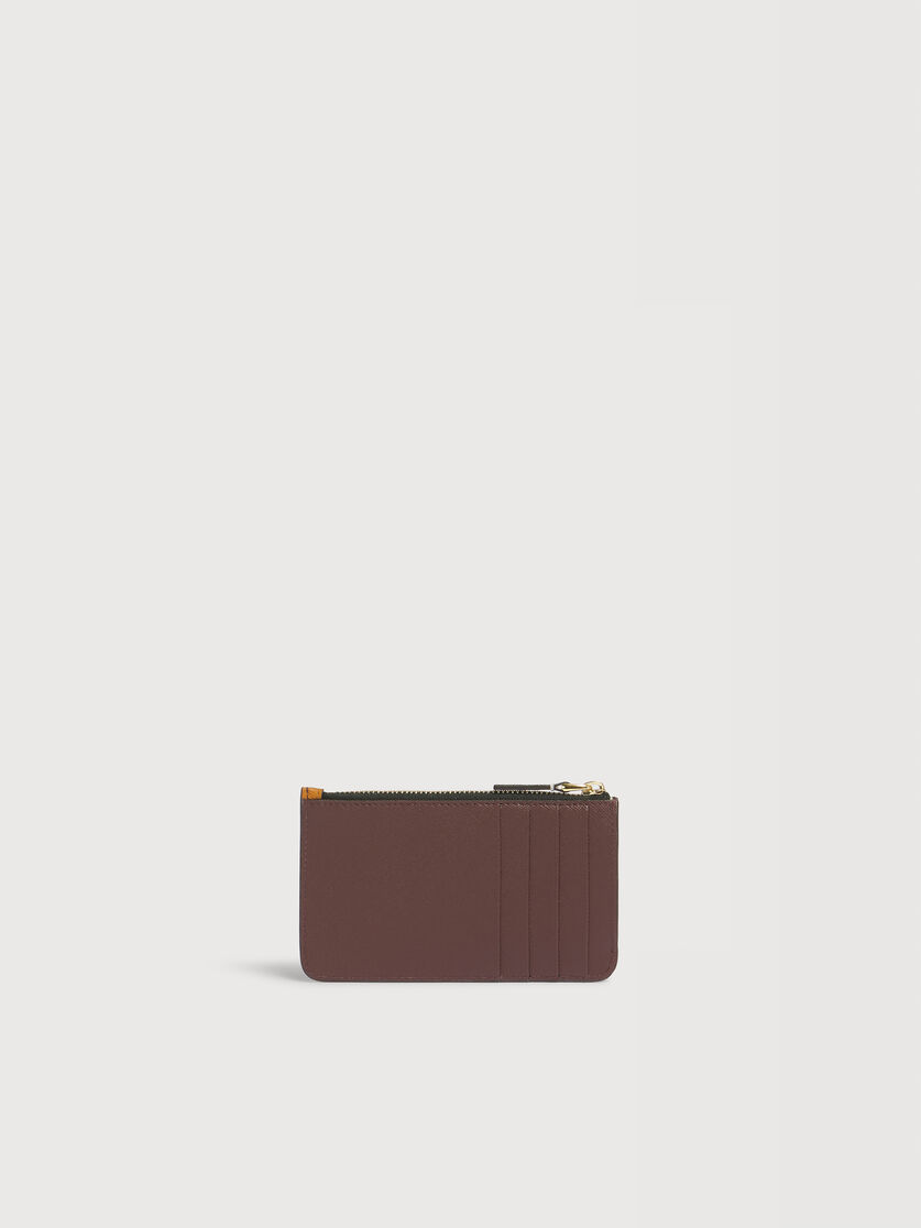 Portacarte con zip in pelle marrone, bianco e senape, Image 3