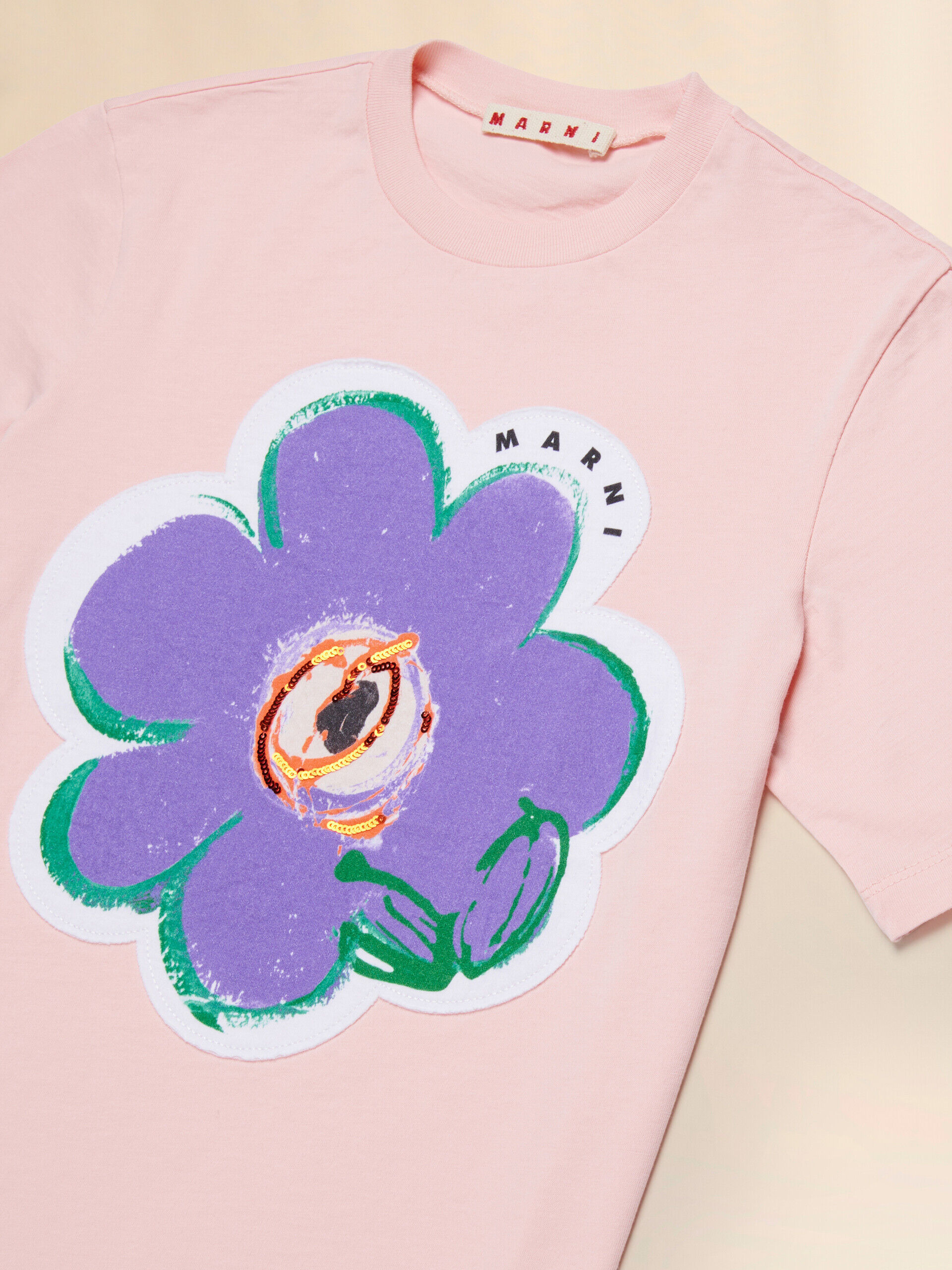 Pink cotton T-shirt with Dessert Flower patch | Marni