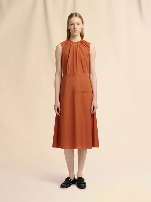 オレンジ ティアードスカート付きポプリンドレス - ドレス