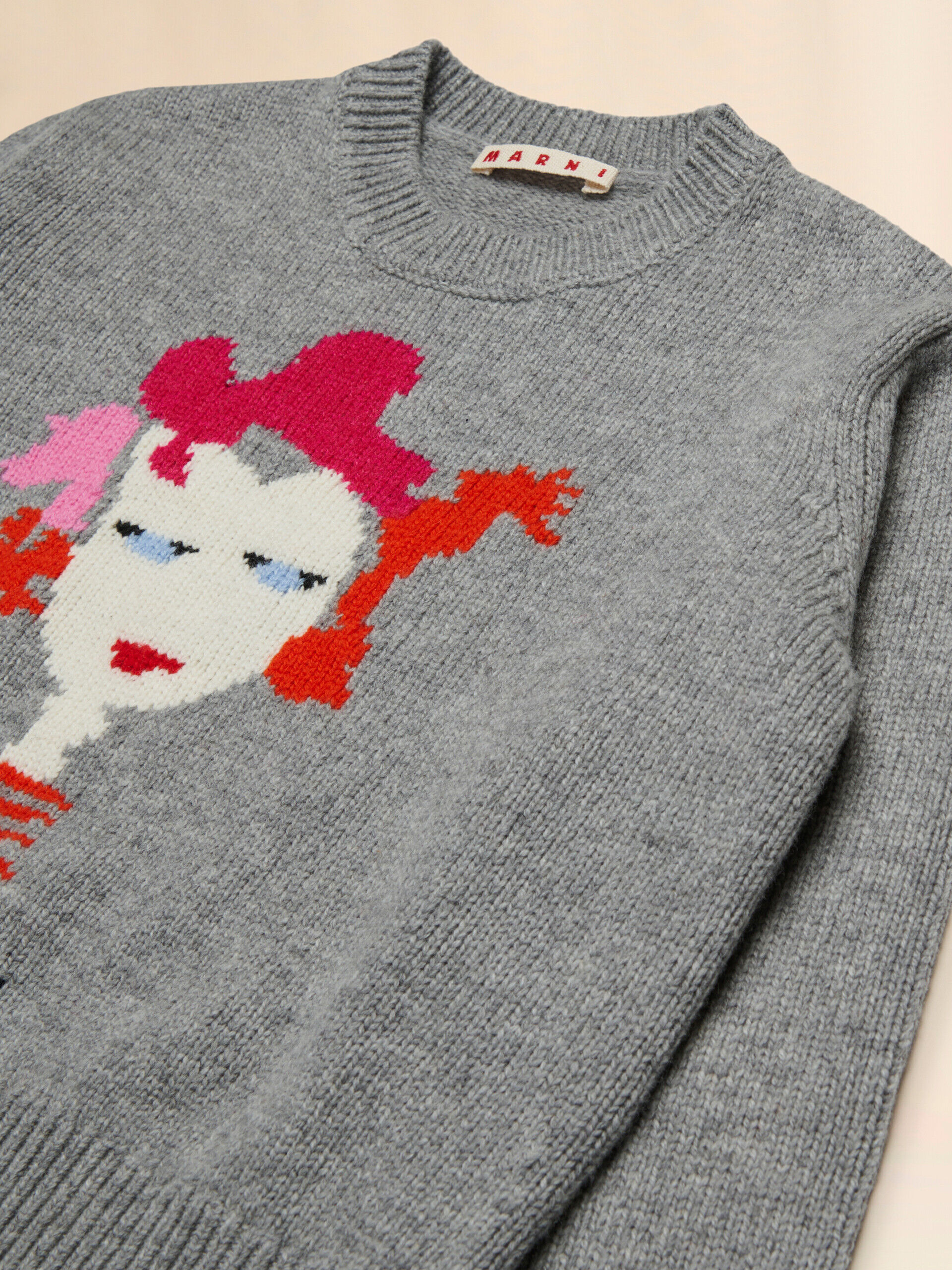 Grey melange wool-nylon jumper with intarsia lady | Marni