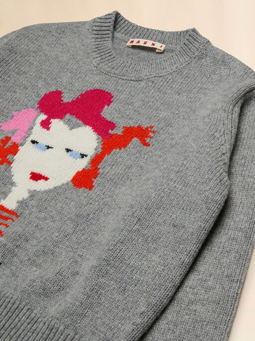 Grey melange wool-nylon jumper with intarsia lady - Knitwear