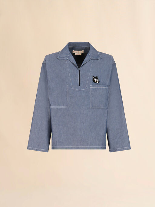 Blue chambray sailor top with polo collar - Shirts