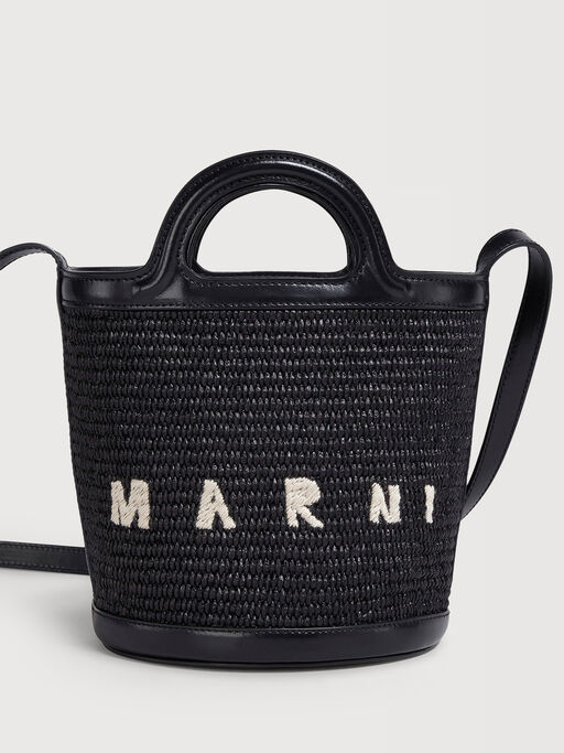 Tropicalia Small Bucket Bag in black leather and raffia-effect fabric - Shoulder Bag