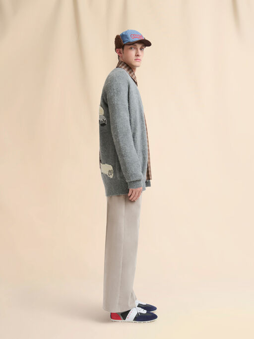 Grey wool alpaca cardigan with wolf patch - Pullovers